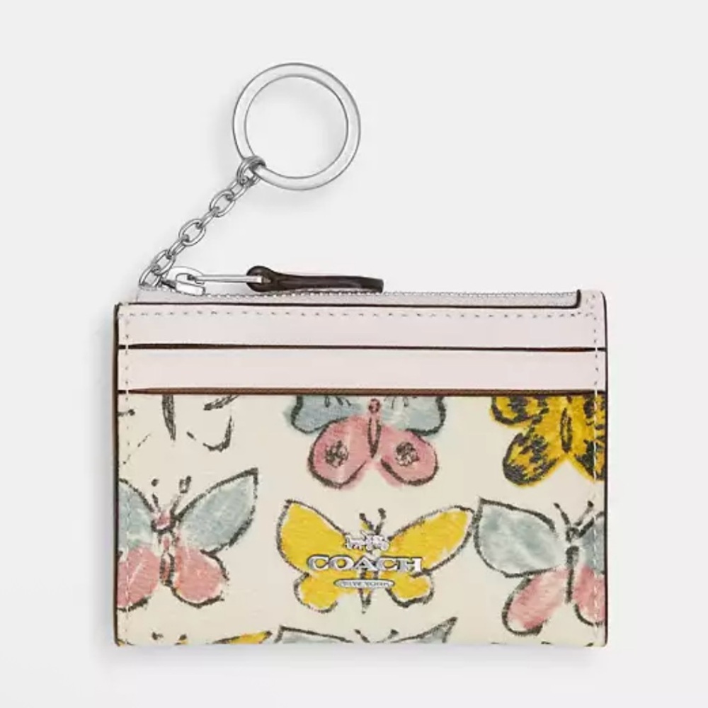 Coach Butterfly Print Card Holder Keychain in Cream, Pink, Yellow, Blue